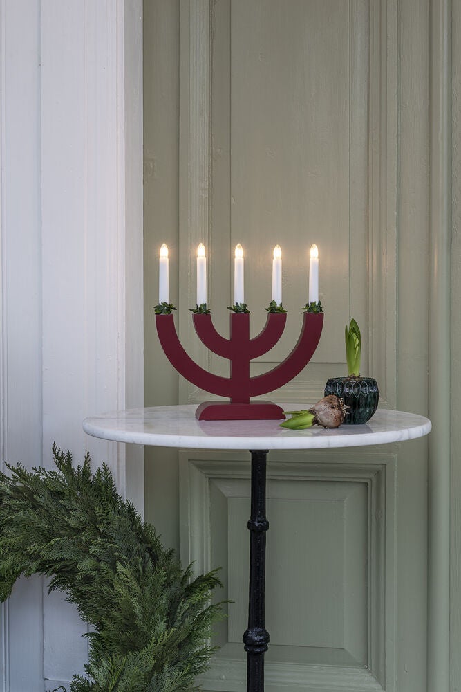 Candlestick wood 5 bulbs red