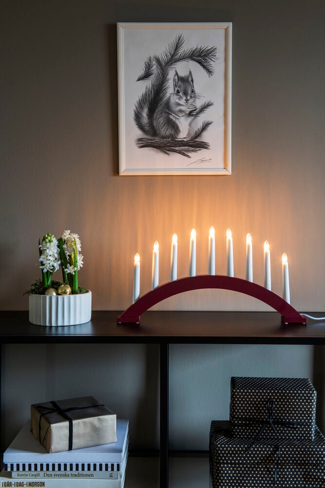 Elljusstake 9 ljus trä röd