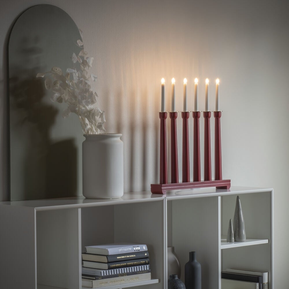 Elljusstake 6 ljus trä röd